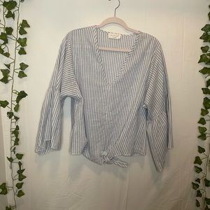 Lavender field large blue and white striped top with puffed sleeves and a tie